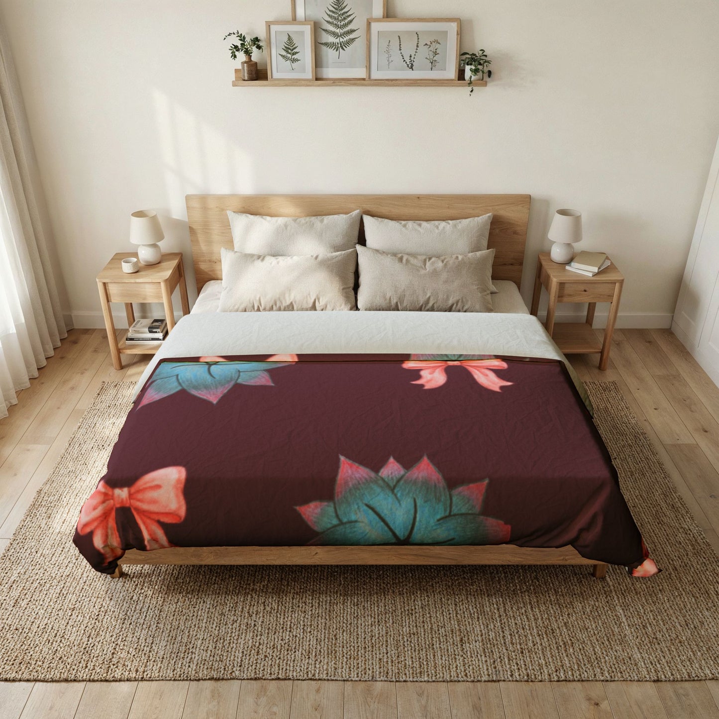 Blue Succulent & Bow Cotton Duvet Cover