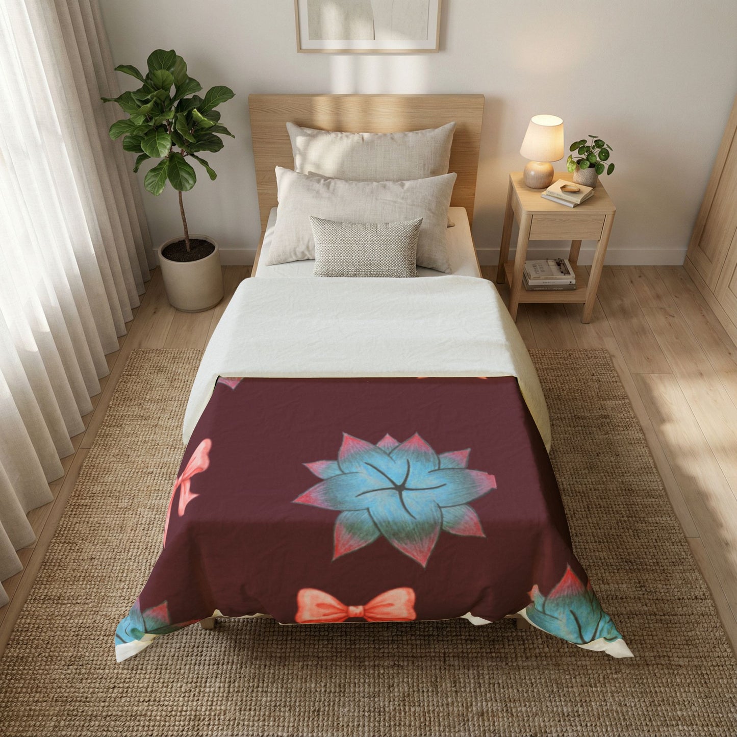 Blue Succulent & Bow Cotton Duvet Cover