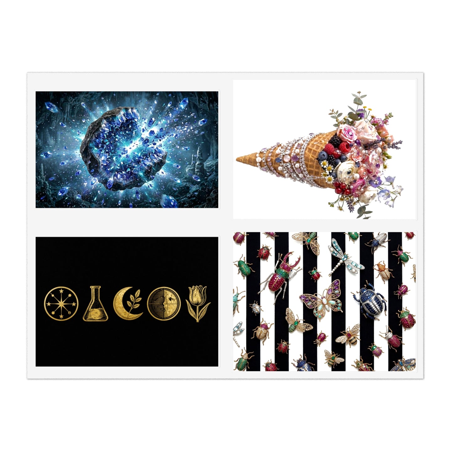Decorative Sticker Sheets — Cosmic Gems, Floral Cone & Gold Symbol Designs