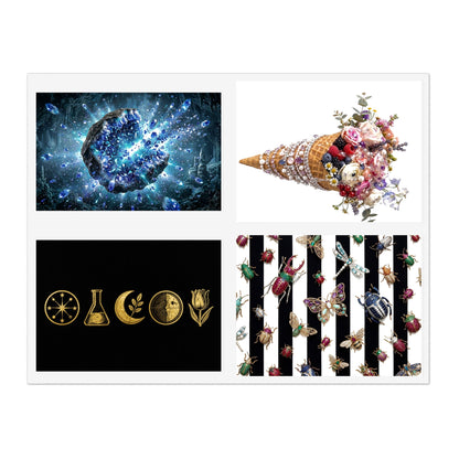 Decorative Sticker Sheets — Cosmic Gems, Floral Cone & Gold Symbol Designs