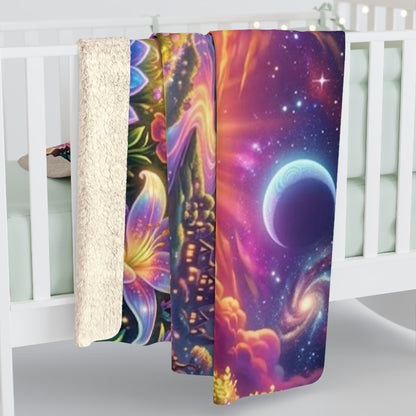 Psychedelic Floral Sunset Sherpa Blanket — Cozy Fleece with Vibrant Galaxy & Flower Design