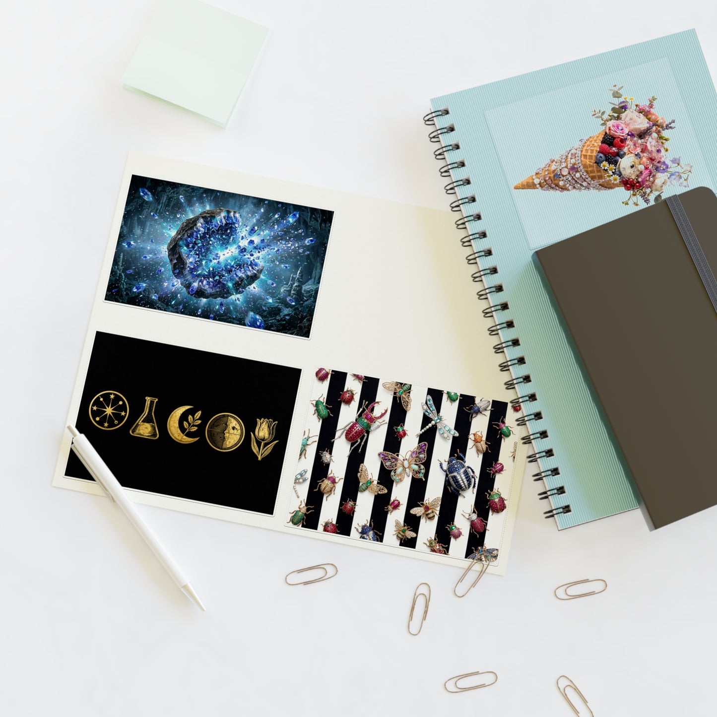Decorative Sticker Sheets — Cosmic Gems, Floral Cone & Gold Symbol Designs