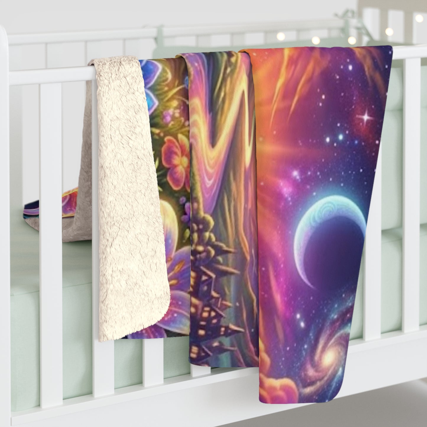 Psychedelic Floral Sunset Sherpa Blanket — Cozy Fleece with Vibrant Galaxy & Flower Design