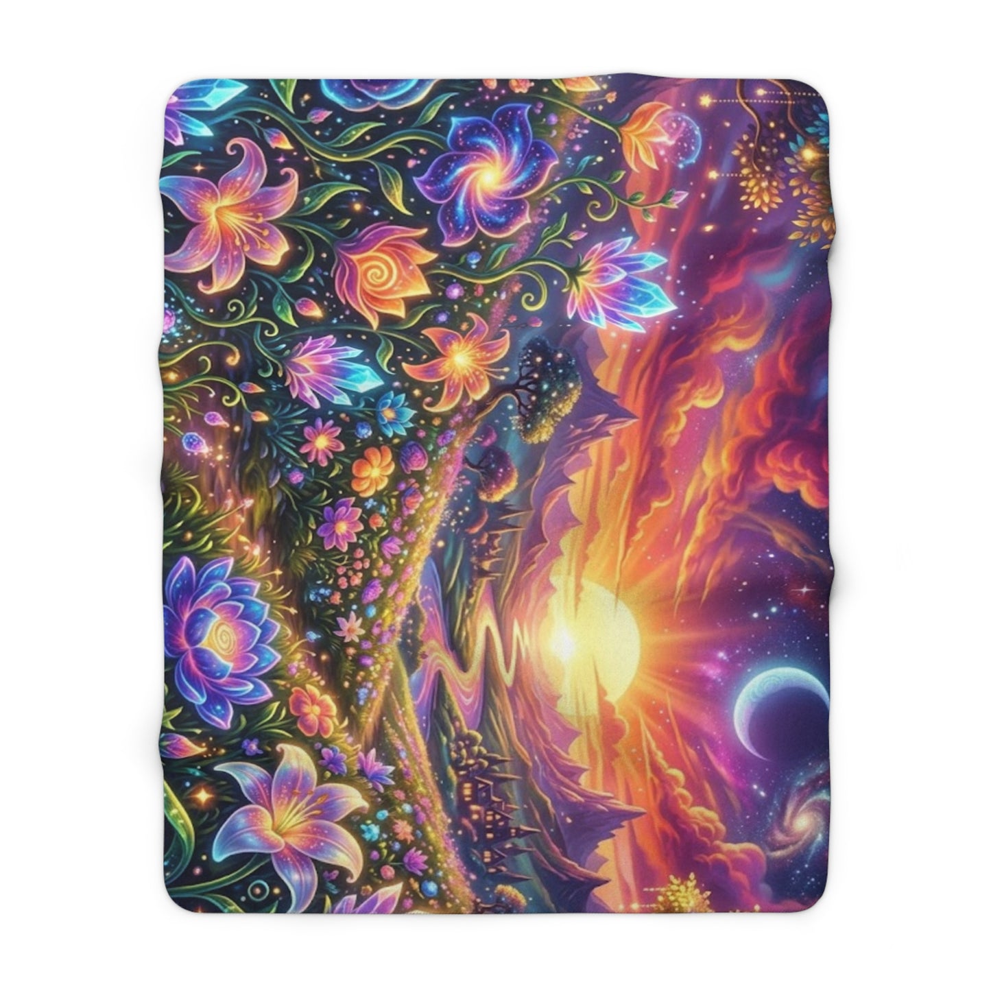 Psychedelic Floral Sunset Sherpa Blanket — Cozy Fleece with Vibrant Galaxy & Flower Design
