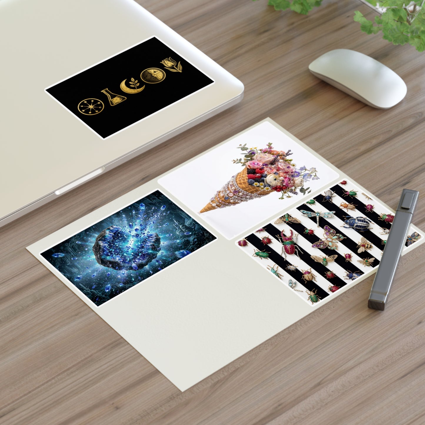 Decorative Sticker Sheets — Cosmic Gems, Floral Cone & Gold Symbol Designs