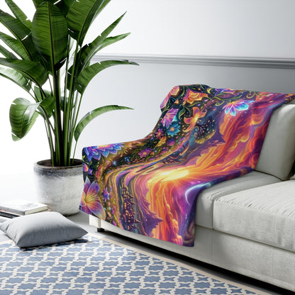 Psychedelic Floral Sunset Sherpa Blanket — Cozy Fleece with Vibrant Galaxy & Flower Design