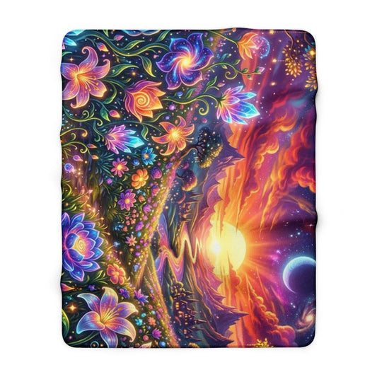 Psychedelic Floral Sunset Sherpa Blanket — Cozy Fleece with Vibrant Galaxy & Flower Design