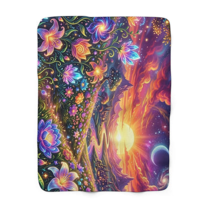 Psychedelic Floral Sunset Sherpa Blanket — Cozy Fleece with Vibrant Galaxy & Flower Design