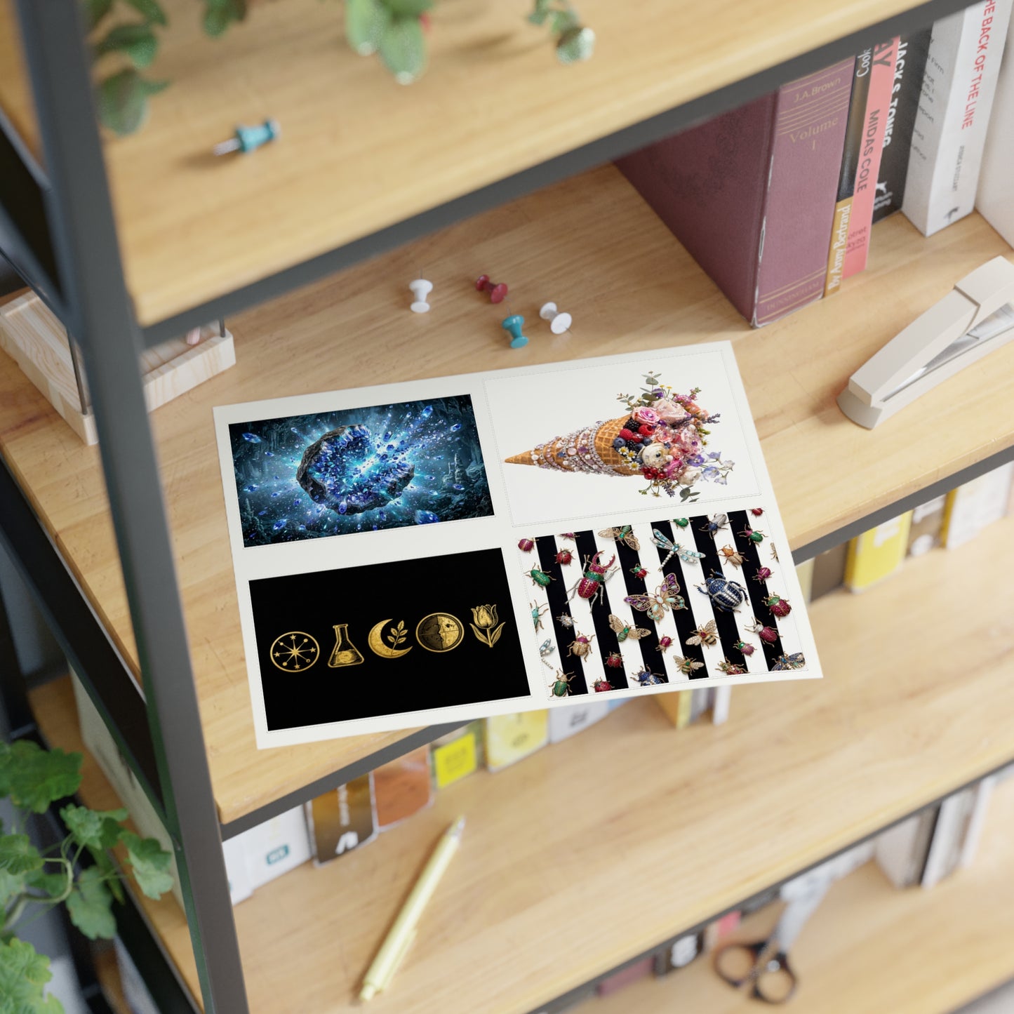 Decorative Sticker Sheets — Cosmic Gems, Floral Cone & Gold Symbol Designs