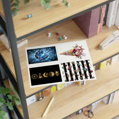 Decorative Sticker Sheets — Cosmic Gems, Floral Cone & Gold Symbol Designs