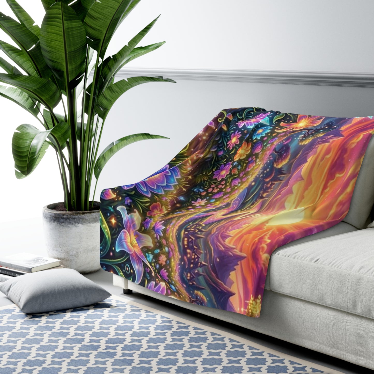 Psychedelic Floral Sunset Sherpa Blanket — Cozy Fleece with Vibrant Galaxy & Flower Design