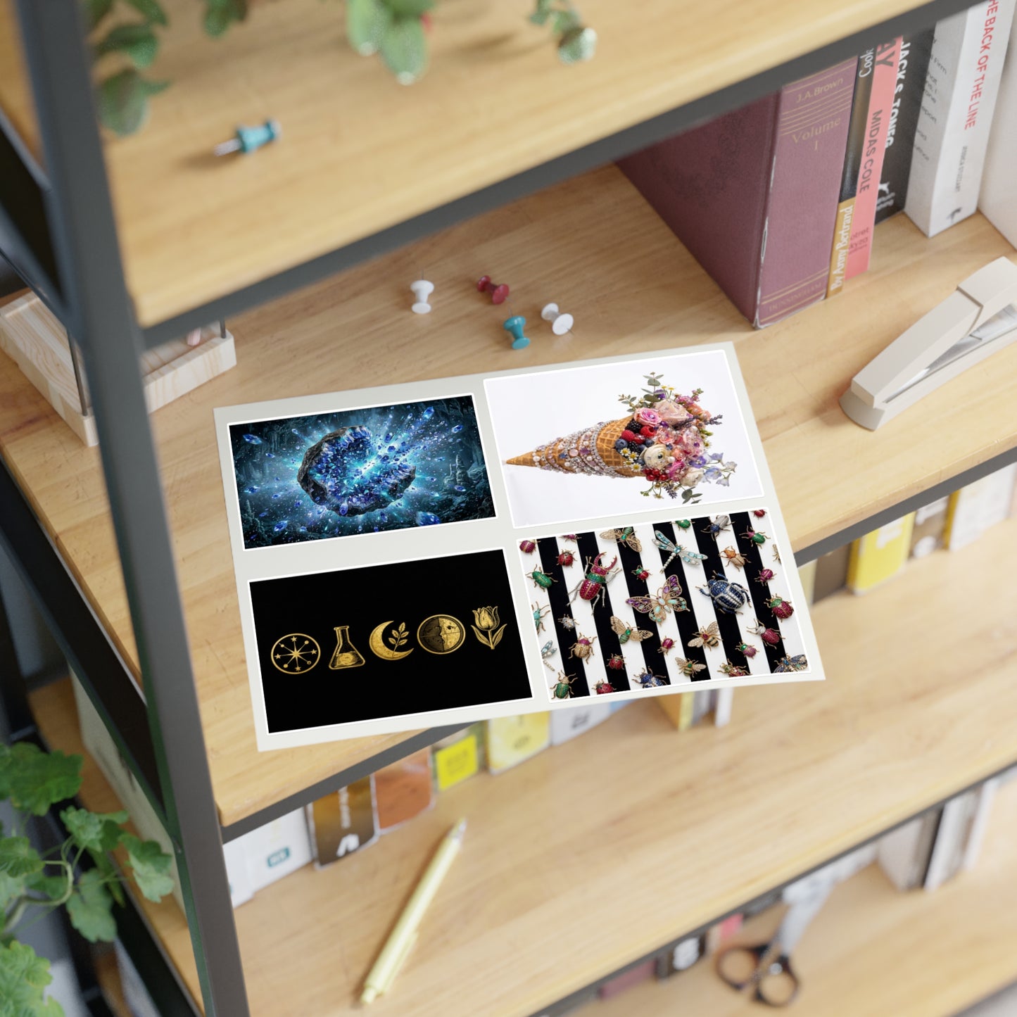 Decorative Sticker Sheets — Cosmic Gems, Floral Cone & Gold Symbol Designs