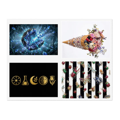 Decorative Sticker Sheets — Cosmic Gems, Floral Cone & Gold Symbol Designs