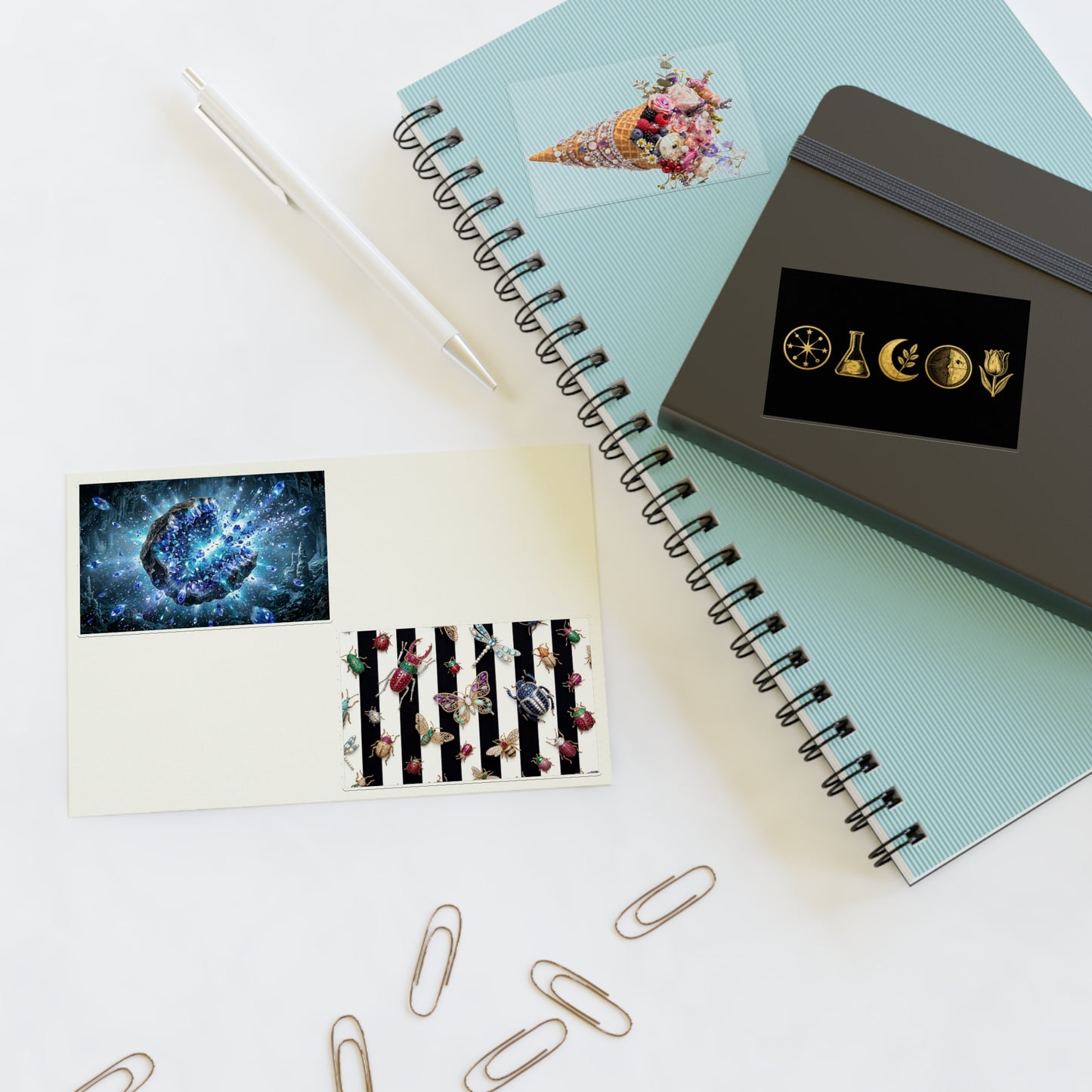 Decorative Sticker Sheets — Cosmic Gems, Floral Cone & Gold Symbol Designs