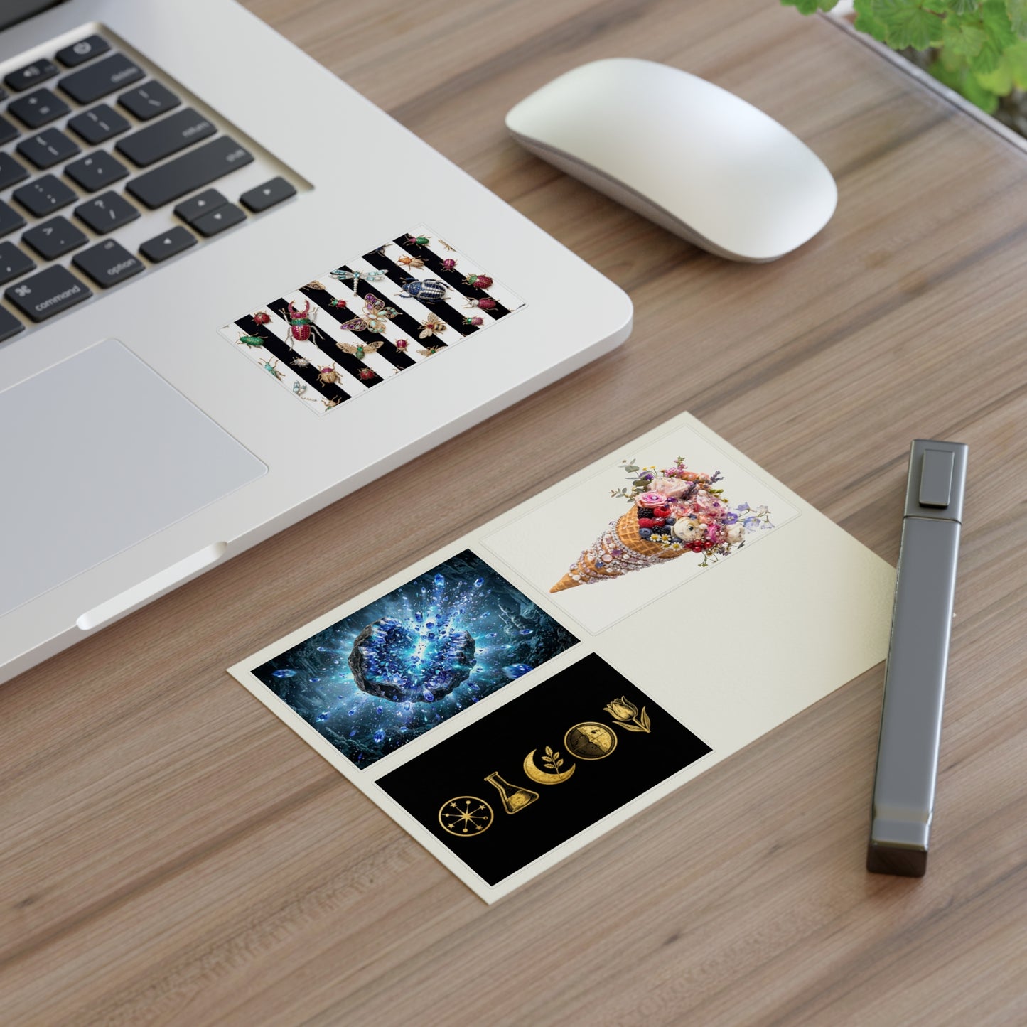 Decorative Sticker Sheets — Cosmic Gems, Floral Cone & Gold Symbol Designs