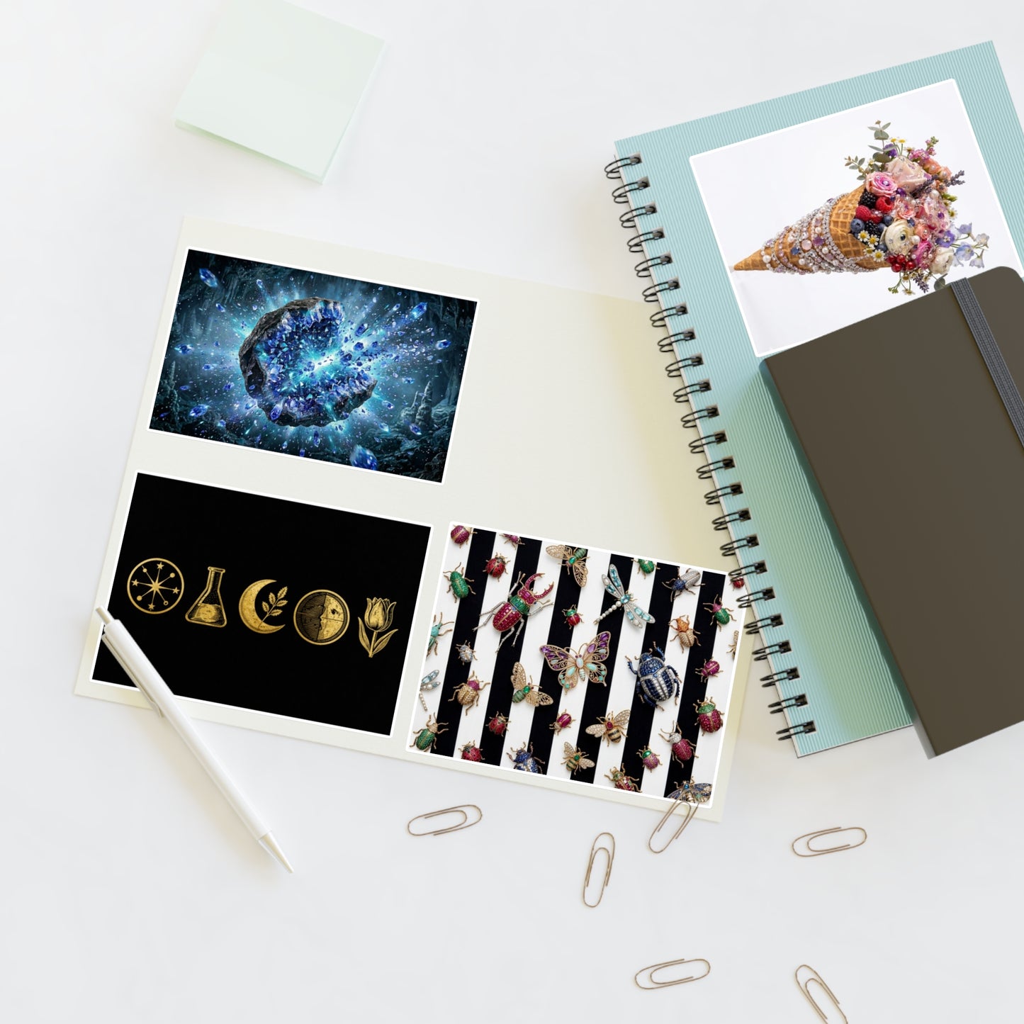 Decorative Sticker Sheets — Cosmic Gems, Floral Cone & Gold Symbol Designs